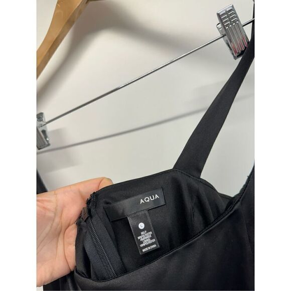 AQUA Mini Satin Dress Size Large Black‎ Square Neck Sleeves Exclusive NWT - Picture 13 of 13